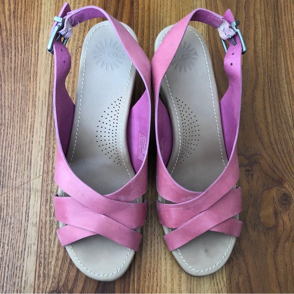 Authentic Ugg pink leather wedge sandals size 8